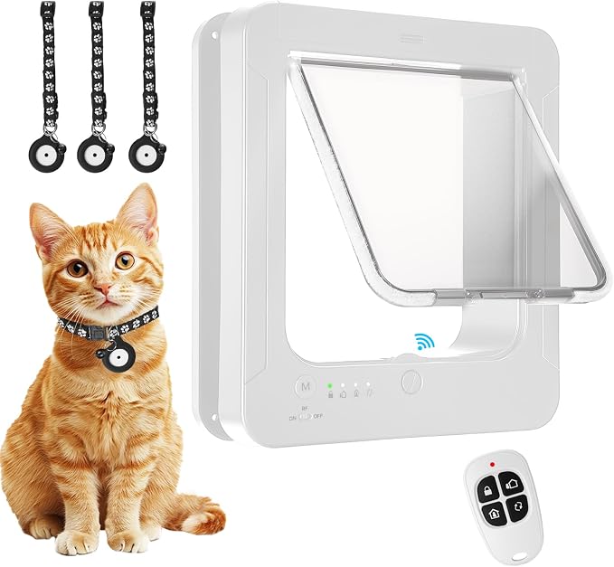 Smart Cat Door for Interior & Exterior, Cat Pet Door with 3 Collar Sensor Keys & 1 Remote Control & 4 Way Locking Cat Flap with RFID Collar Activated Opening