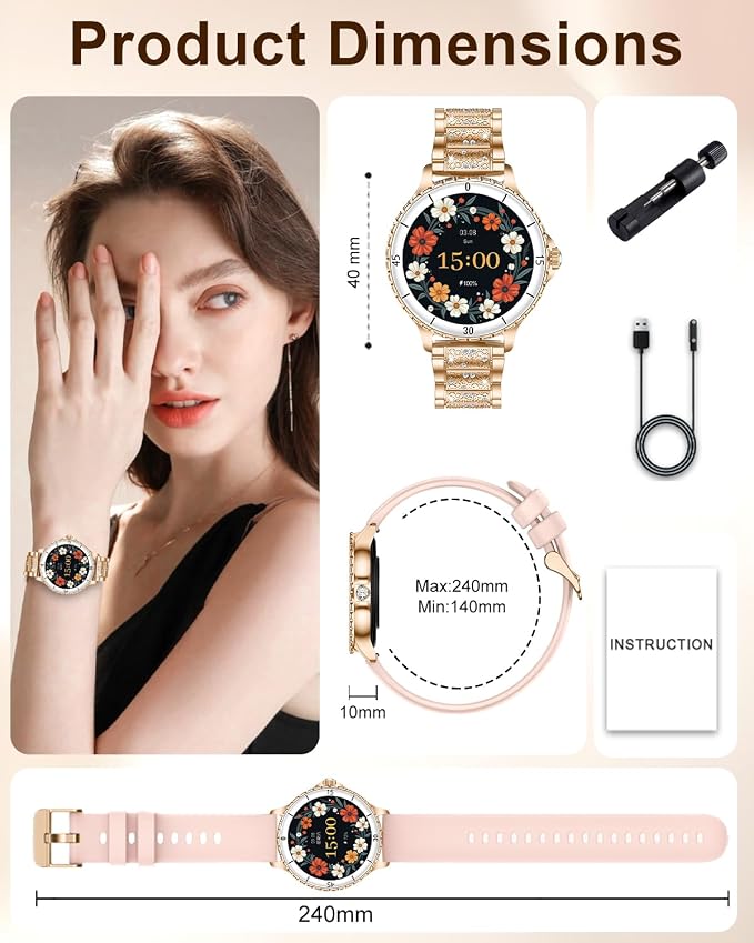 Smart Watches for Women, 1.27" HD Smartwatch with Diamond Strap Compatible Android/iOS, Answer/Make Call, IP68 Waterproof Fitness Tracker with SpO2, Sleep Monitor, 120+ Sport Models, Rosegold