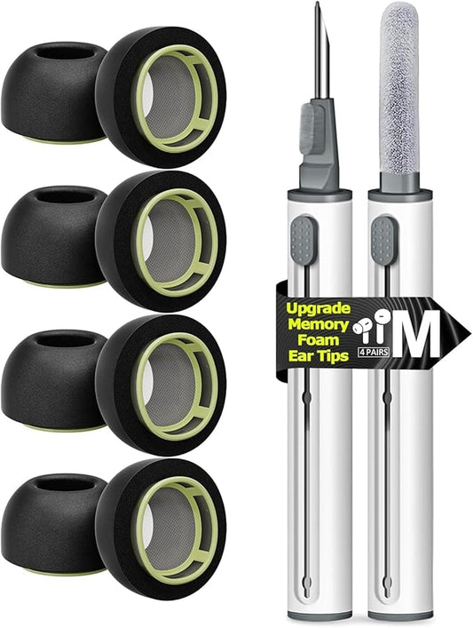 4 Pairs Medium Memory Foam Ear Tips for AirPods Pro 1st & 2nd Gen, No Silicone Eartips Pain, Better Noise Cancellation, Replacement Buds with 3 in 1 Cleaner Kit and Fit in Charging Case,Black