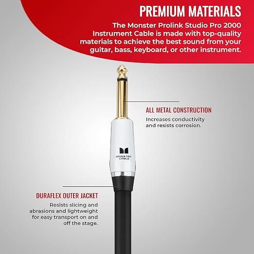 Monster Prolink Studio Pro 2000 Guitar Cable 21 ft Straight to Straight TS Cable, 95% Copper Braided Shield, Duraflex Jacket, Gold-Plated Contacts