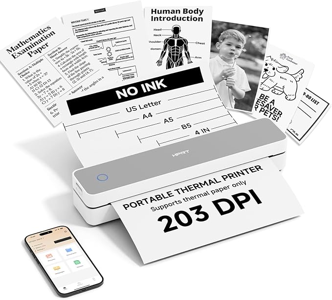 HPRT Inkless Portable Printer Wireless for Travel,Thermal Printer Supports 8.5" x 11" US Letter&A4&A5,Compatible with iOS,Android, Laptop, MT610,203 DPI,White