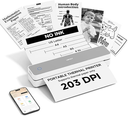 HPRT Inkless Portable Printer Wireless for Travel,Thermal Printer Supports 8.5" x 11" US Letter&A4&A5,Compatible with iOS,Android, Laptop, MT610,203 DPI,White