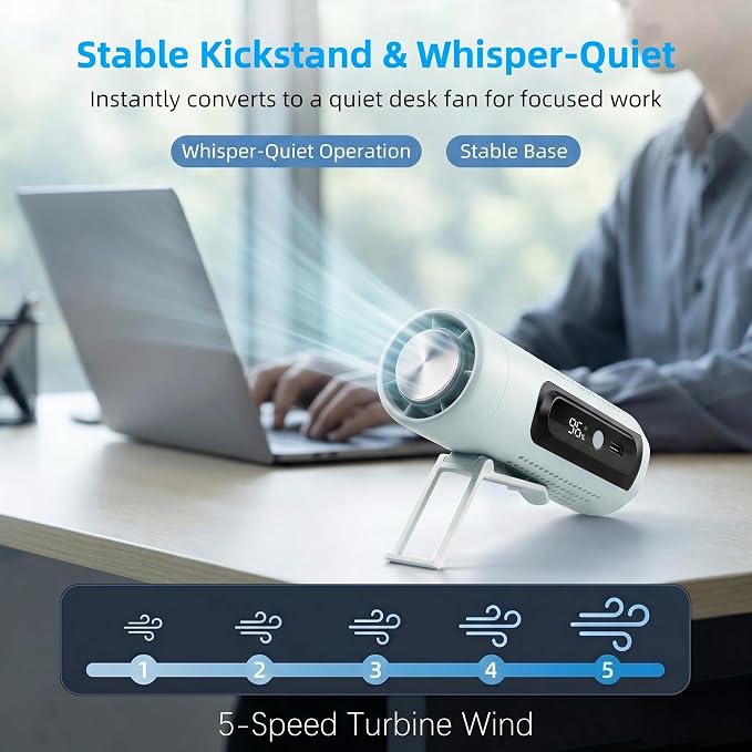 Portable Handheld Fan with Ice Cooling Plate, 3 in 1 Mini Personal Fan with Light & Clip, 5 Speed Rechargeable Fan with LED Display & Hidden Stand, Hands Free Camping Fan for Travel, Desk (Blue)