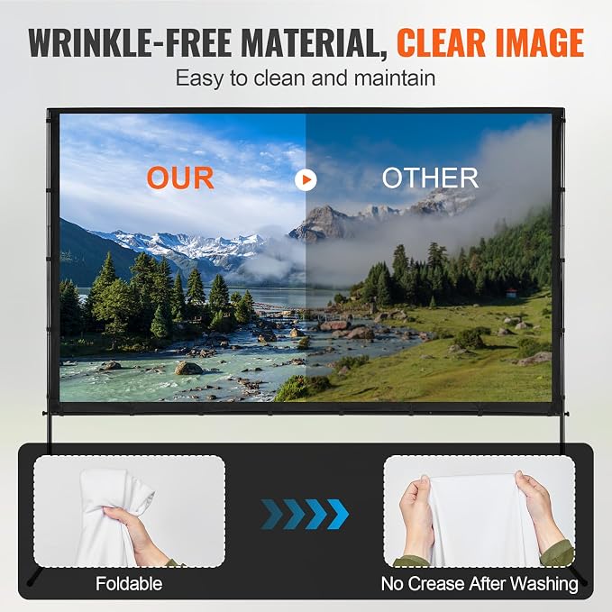 VEVOR Projector Screen with Stand, 100 inch 16:9 4K 1080 HD Outdoor Movie Screen with Stand, Wrinkle-Free Projection Screen with Bar Feet and Carry Bag, for Home Theater Cinema Backyard Movie Night
