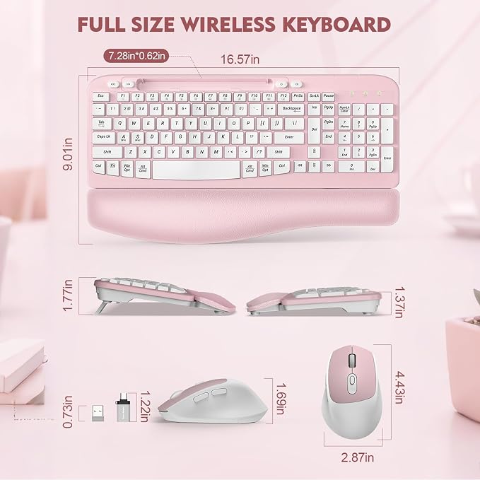 Wireless Keyboard and Mouse Combo, Full-Sized Ergonomic Wave Keys Keyboard with Memory Foam Wrist Rest & Phone Holder, 2.4G Quiet Keyboard Mouse Work Setup for PC Laptop, Office or Home (Pink)
