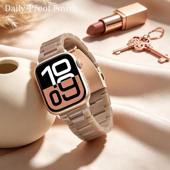 V-MORO Resin Bands Compatible with Apple Watch Series 11/10/9/8/7 Band 45mm/44mm/42mm/46mm Fashion Rose Gold Metal Buckle Lightweight Strap Bracelet for iwatch Series SE/6/5/4/3/2/1 Women,Caramel