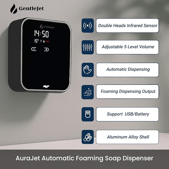 GentleJet AuraJet Automatic Foaming Soap Dispenser Wall Mount – Touchless Sensor, LED Display, 5 Foam Levels, Rechargable USB-C or Battery Powered, Aluminum Alloy, 480 ml Refillable