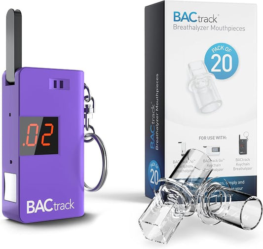 BACtrack Keychain Breathalyzer (Purple) and 20 Breathalyzer Mouthpieces Bundle