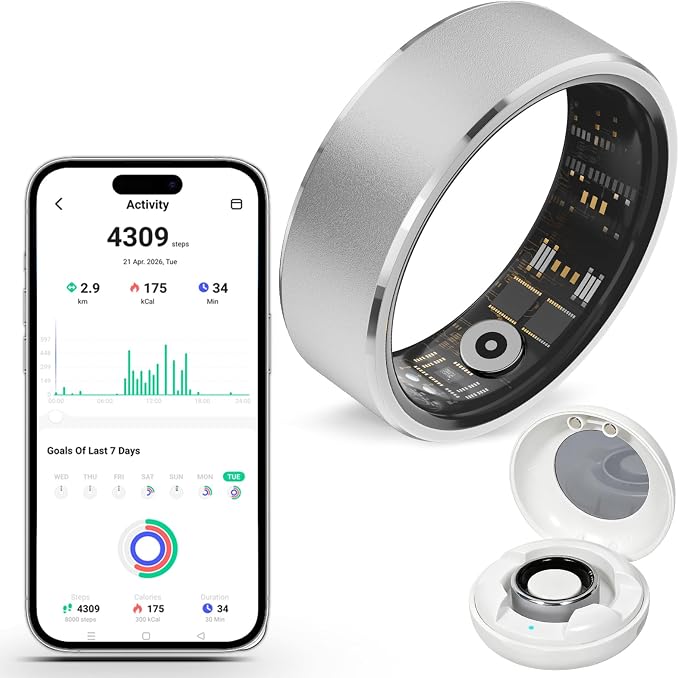 Smart Fitness and Activity Ring for Men and Women – Track Heart Rate, Sleep, Stress, Steps & More, Waterproof Fitness Tracker for iPhone and Android, No Subscription Fee, Sliver 10#