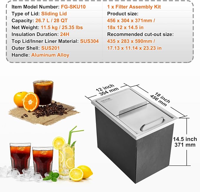 VEVOR Drop in Ice Chest, 18"L x 12"W x 14.5"H Stainless Steel Ice Cooler, Commercial Ice Bin with Sliding Cover, 40.9 qt Outdoor Kitchen Ice Bar, Drain-pipe and Drain Plug Included, for Cold Wine Beer