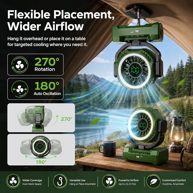3-in-1 Portable Camping Fan, Auto-Oscillating 20000mAh Rechargeable Fan with Light, 1-100 Speed, 12H Timer, Display, Cordless Battery Powered Fan for Indoor, Outdoor, Travel, Fishing, Tent, Bedroom