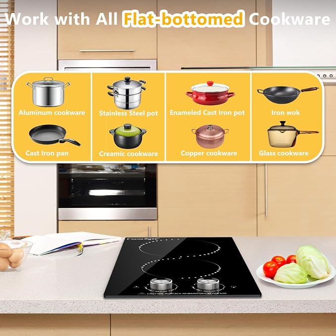 Portable Electric Cooktop 2 Burner 110V Plug in, 12 Inch 2000W Electric Stove Top with Knob Control, Countertop or Built-in Ceramic Hot Plate, for RV Dorm Apartment Kitchen Cooking
