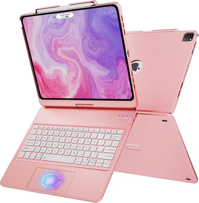 GGH Touch for iPad Keyboard Case Air 13 (M3 2025 / M2 2024) &12.9 iPad Pro (6th,5th,4th,3rd Gen),360° Rotatable Protective Cover Multi-Touch Trackpad Keyboard Case with Pencil Holder - Rose Gold