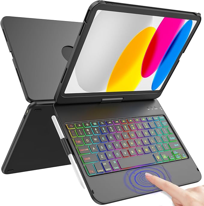 Touch Keyboard Case for iPad A16 11th Generation 2025/10th Generation 10.9 inch 2022,360° Rotatable for iPad 11th Generation Case with Keyboard- 7 Color Backlight Keyboard Case with Pencil Holder