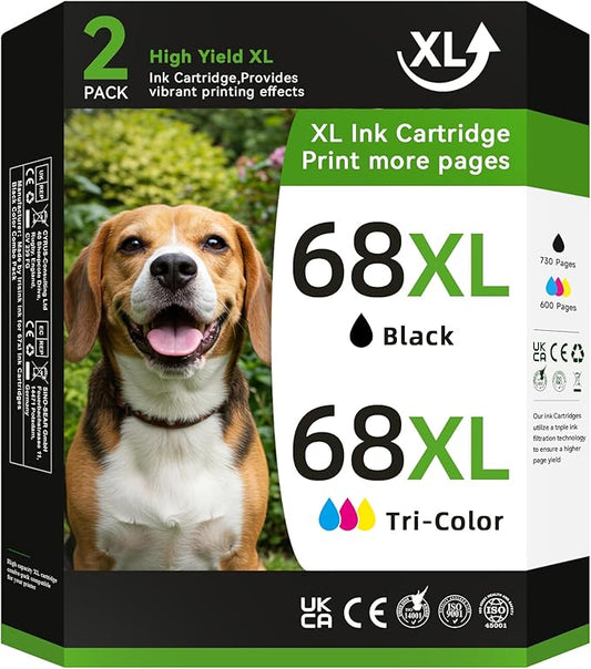 68 Ink Cartridges Black/Color Combo Pack Compatible for HP 68 Ink Cartridges for HP Ink 68XL Black Color Combo Fit for Envy 6155e 6555e 6100e 6500e 6552e 6558e Printer (2 Pack, 1 Black, 1 Tri-Color)