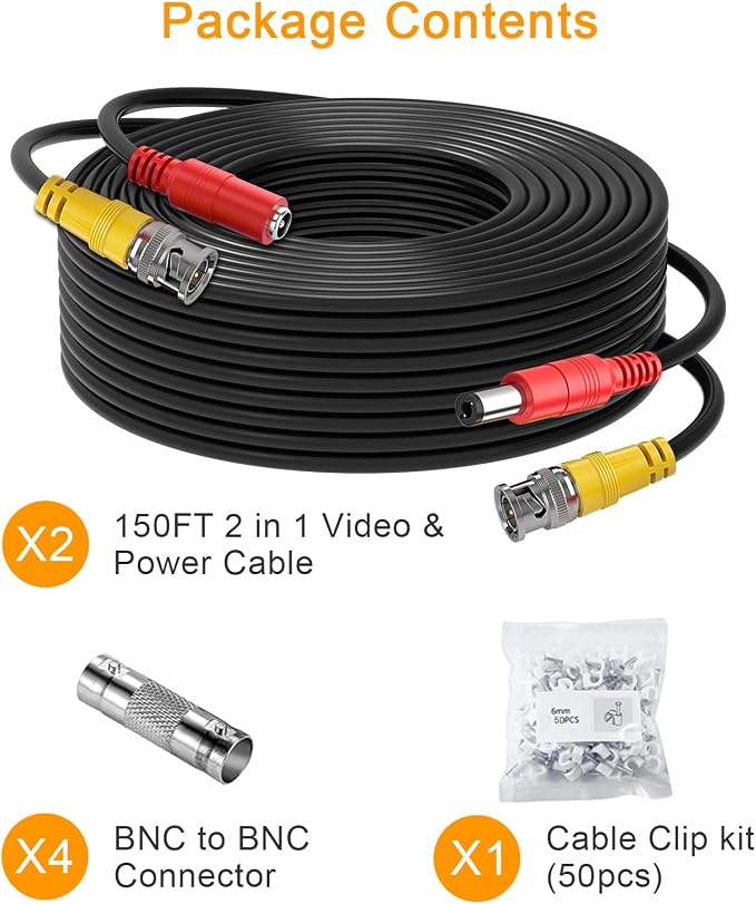 BNC Cable, 2x150ft All-in-One Siamese Video and Power Security Camera Cable Wire with 2 Female Connectors for Max 5MP HD CCTV DVR Surveillance System (150ft 2PCS, Black)