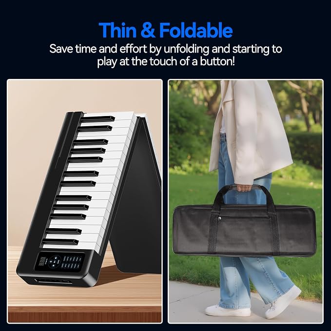 Rhymo Folding Piano Keyboard, 61 Keys Sensitive Electric Piano, Weighted Portable Electric Keyboards with Bluetooth MIDI, Digital Foldable Keyboard for Beginner (Black)