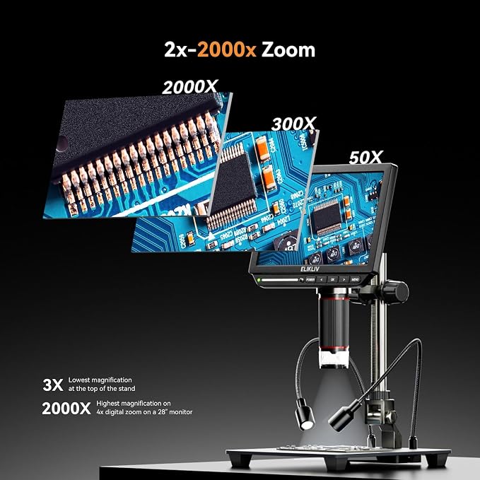 4K Digital Microscope, Elikliv EM4K 8" Coin Microscopes 2000x, 52MP HDMI Microscopes, Soldering Microscope for Adults, Micro scopes for Electronics Repair, 3840P UHD Video Micro socpe, 10" Stand, 16G