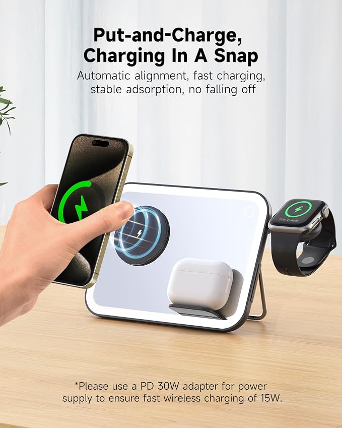 3 in 1 Wireless Charging Station for Apple Magnetic Charger Station for iPone& Apple Watch& Airpods (Black)