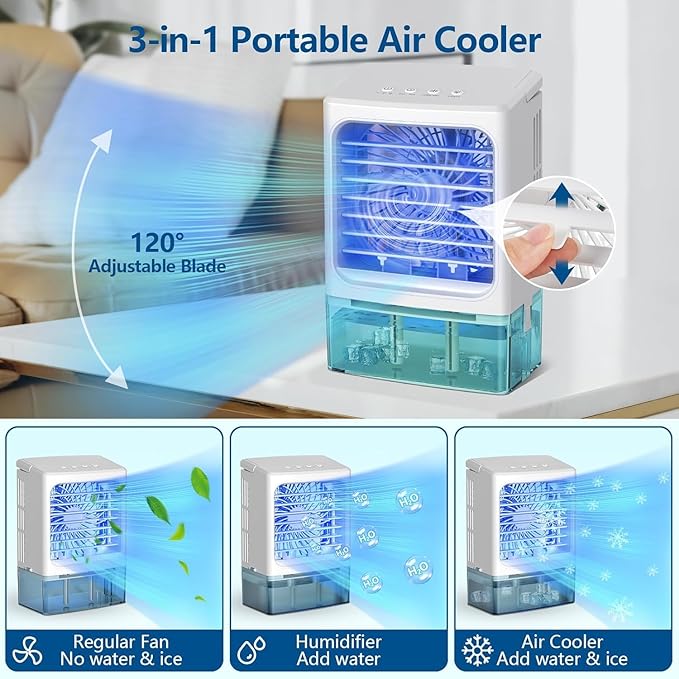 Portable Air Conditioners, 3 Speeds 2 Mist Modes Portable AC Unit with 900ml Water Tank,7-Color Lights Evaporative Cooler Blow Cold Air, Mini Car Cooling Fan for Bedroom RV Desk Office Indoor
