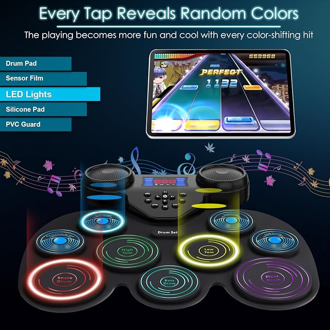 7-Color Dynamic LED Lights Electric Drum Set, 9-Pad Electronic Drum Set Bluetooth MIDI Support, Extra-thick Electric Drum Pads for Better Rebound, Perfect Christmas/Birthday Gift for Kids