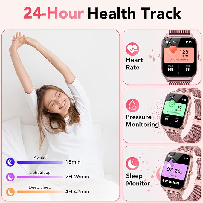 Smart Watch for Women, Answer/Make Call/AI Voice,1.85" HD Smartwatch Compatible for iPhone/Samsung/Android,120+Sport Modes Fitness Tracker with Heart Rate/Sleep Monitor, IP68Waterproof (2 Bands)