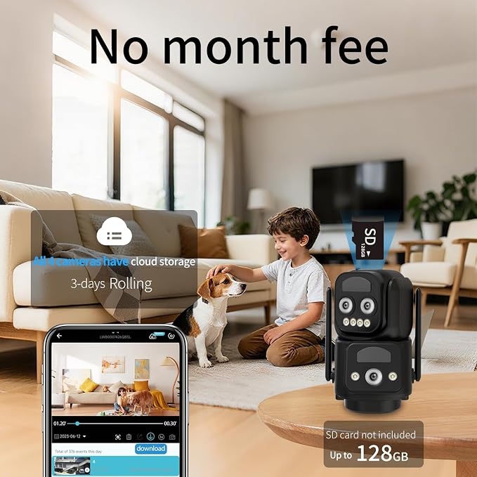 LETSCEE Security Cameras Wirelss Outdoor Solar Powered for Home Security, 360 View Outside Camera,Motion Detection,10x Hybrid Zoom PAN Tile,i IP-65 Weather Proof (3 Lens Hybrid Zoom)