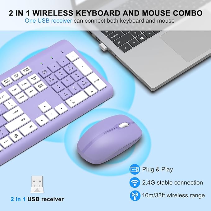 Wireless Keyboard and Mouse Combo, Full-Size Silent Ergonomic Keyboard and Optical Mouse, Long Battery Life, 2.4G Lag-Free Mice Keyboard for Computer, Mac, Laptop, PC, Windows(Purple)
