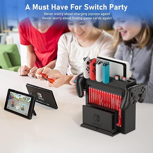 Switch Game Storage with Controller Charger for Nintendo Switch & OLED Model, Switch Charging Dock Charges 6 Joycons, Switch Gaming Accessories Holder for Desk, Switch Game Gift Card Organizer (Black)