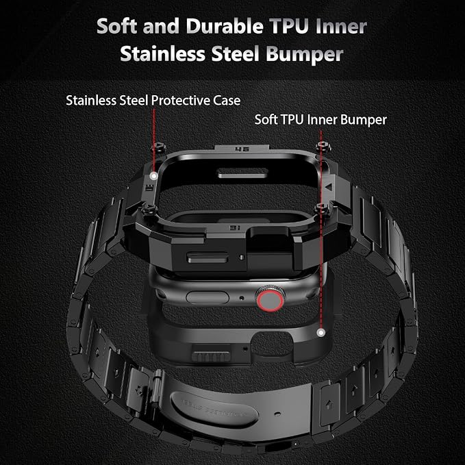 Business Stainless Steel Case with Band Compatiable for 49mm Apple Watch Ultra 3/2/1 bands for men, Rorust Metal Apple Watch Bumper Case Cover with Solid Replacement Strap for iWatch Band,Black