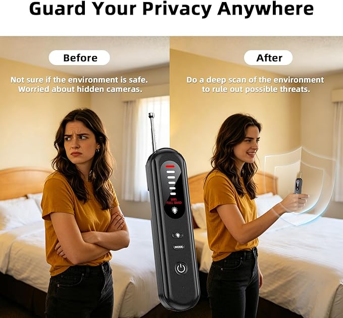 Anti-Spy Hidden Camera Detector 6-in-1, GPS Tracker & Bug Detector, RF Signal Scanner, Rechargeable Privacy Protector for Travel, Hotel, Home, Office & Car (Black)