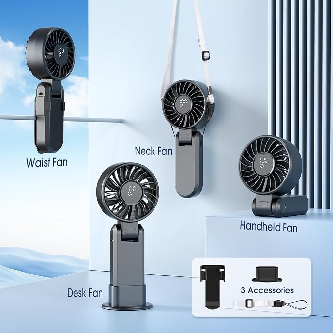 【5200mAh】Portable Handheld Fans for Travel, High-Speed Motor, Rechargeable Hand Held Fan, 5 Speed,180°Foldable, Small Personal Fan,4-IN-1 Hand/Desk/Waist/Neck Fans,Summer Beach Travel Essentials