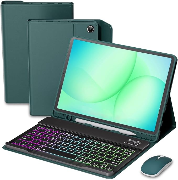 Keyboard Case for Samsung Galaxy Tab A11 Plus 11 Inch 2025/ A9+ Plus 2023 Tablet, Detachable Rainbow Backlit Wireless Keyboard and Mouse, Slim Stand Cover with S Pen Holder (Green)