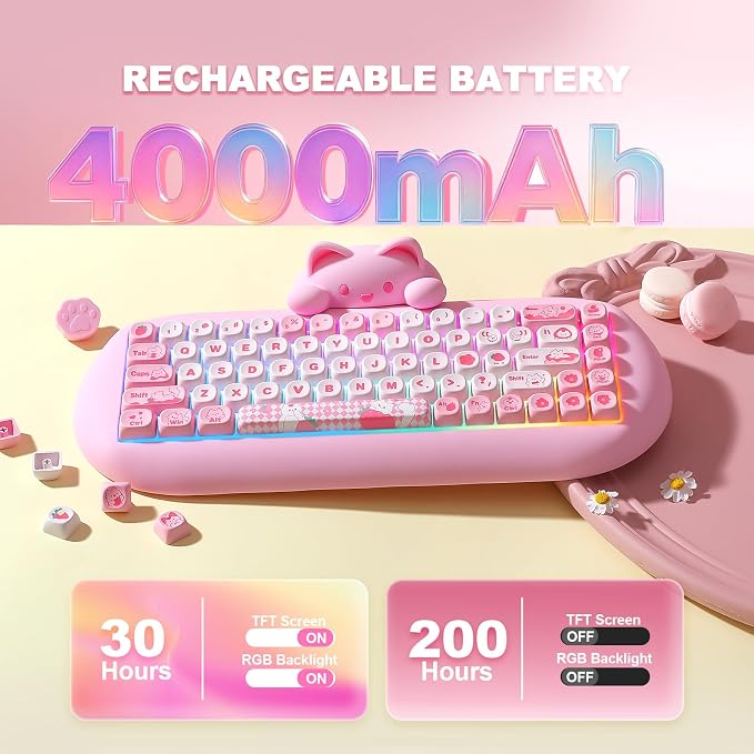YUNZII C68 Wireless Mechanical Keyboard,65% Layout,Hot Swap,Triple Mode BT5.0/2.4G/Wired, RGB Backlit NKRO,Cute Cat Silicone Ergonomic Design for Win/Mac (Pink, Milk Switch)