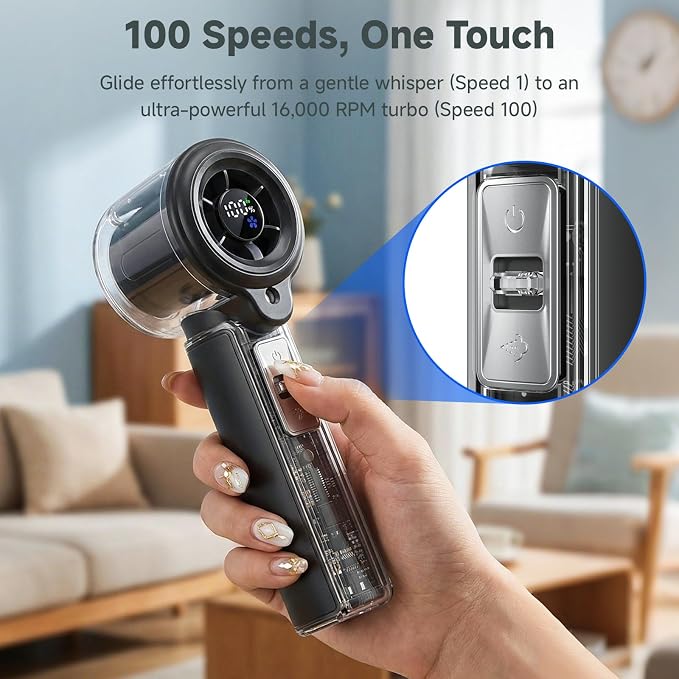 COKUNST Handheld Fan with Mist Spray & 1-100 Speed, Toggle Button & LED Digital Display, 3000mAh USB Rechargeable, 16000 RPM Turbo Mini Fan for Travel Outdoor Camping Makeup Home Office – Black