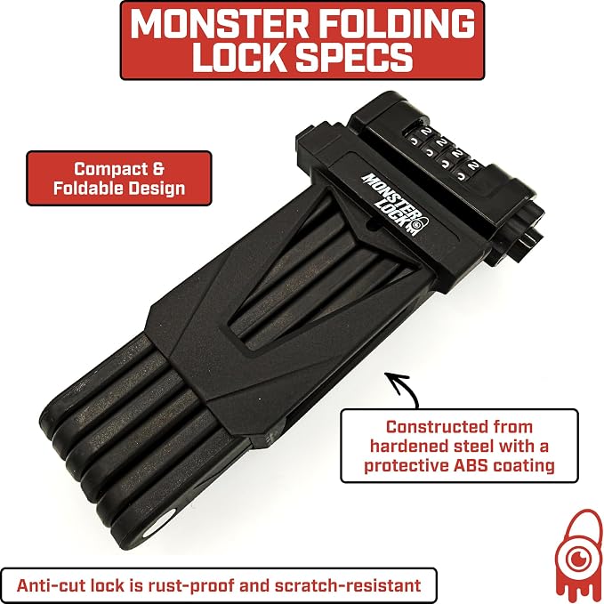 Monster Folding Bike Lock – Heavy-Duty Anti-Theft Hardened Steel, Rust-Proof, Foldable Compact High-Security Lock for Bicycle, Scooter & Motorcycle