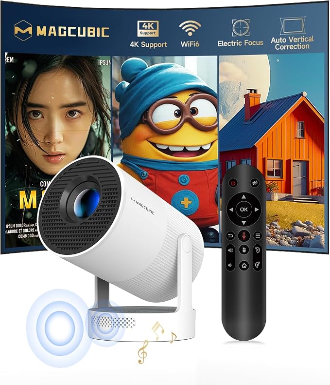 【Electric Focus】Magcubic Mini Projector 4K Support, Portable Projector with WiFi 6 and Bluetooth 5.4, Smart Proyector, 5W Soundbase Speaker, 180°Rotation for Home Theater