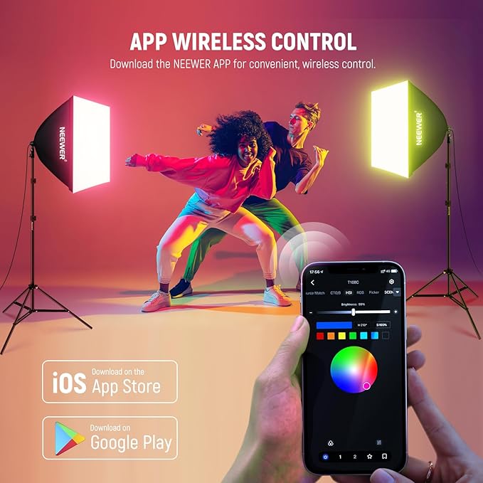 NEEWER Photography RGB LED Light Bulb 2 Pack, App Control 26W FCC/IC/UL Certified LED Bulb with 9 Effects, 400lux/m 2700K-6500K CRI93+ TLCI98+, E26 Base for Studio Softbox Lighting Kit, T100C