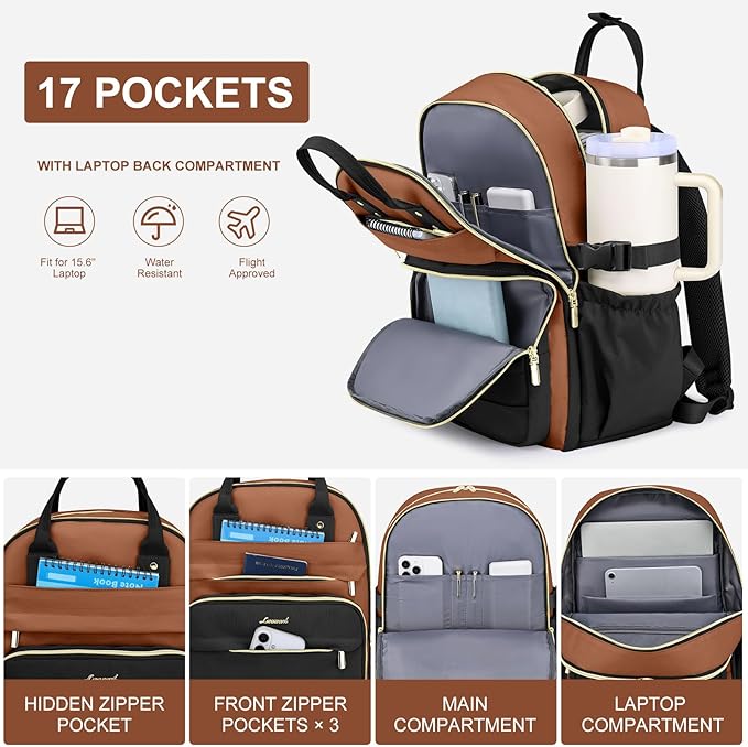 Women Laptop Backpack College Bookbag: 15.6 inch Backpacks with Pouch Pocket for Large Capacity Cup Travel Waterproof Book Bag Anti-theft Casual Work Bookbags for Teacher Nurse Black Brown