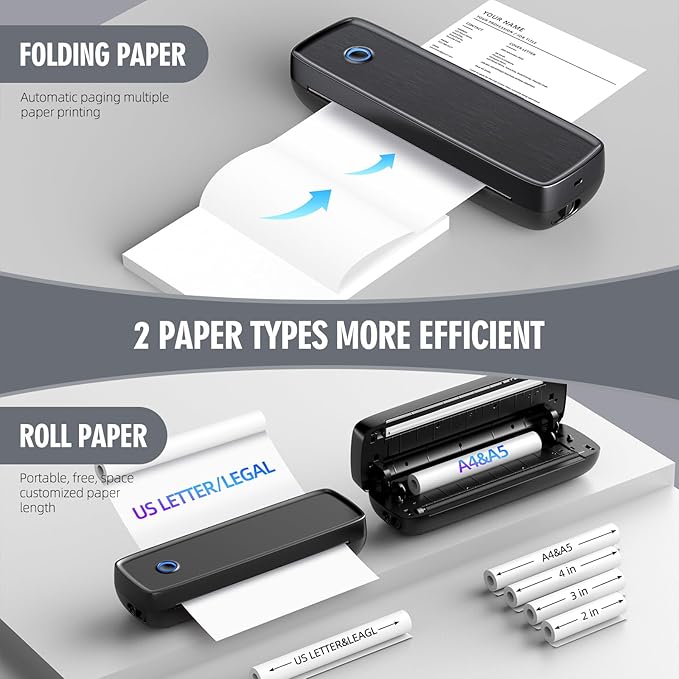 Portable Inkless Printer, Wireless Bluetooth Thermal Printer with 4200mAh Battery, Prints A4/A5/US Letter, High Resolution Mini Printer for Travel, Home Office & Mobile Printing