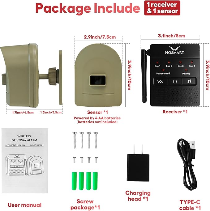 1/2 Mile Hosmart Driveway Alarm Wireless Sensor System & Driveway Sensor Alert System Weatherproof Security Outdoor Motion Sensor & Detector