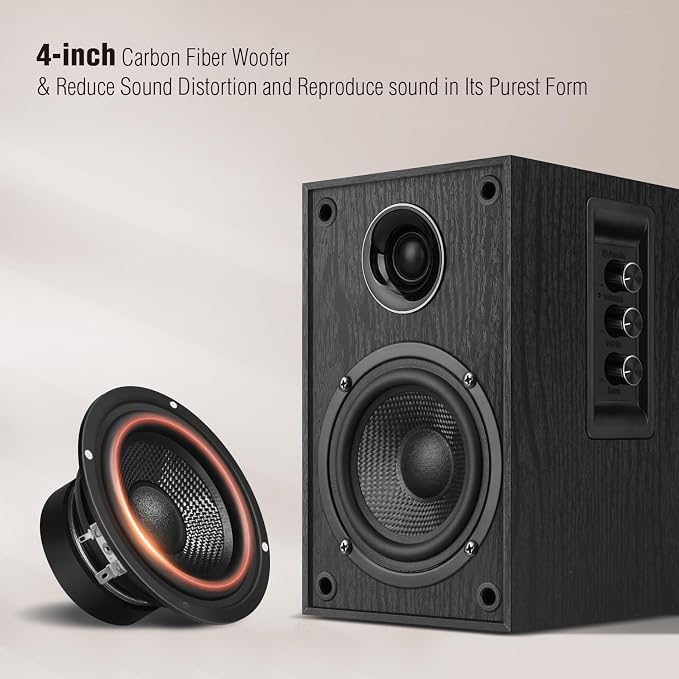 Elimavi Powered Bluetooth 5.3 Bookshelf Speakers - 60W Record Player Speakers with 4" Carbon Fiber Woofer & USB-C/RCA Input, Wooden Monitor Speakers for Turntables, PC, TV, Gaming, Black