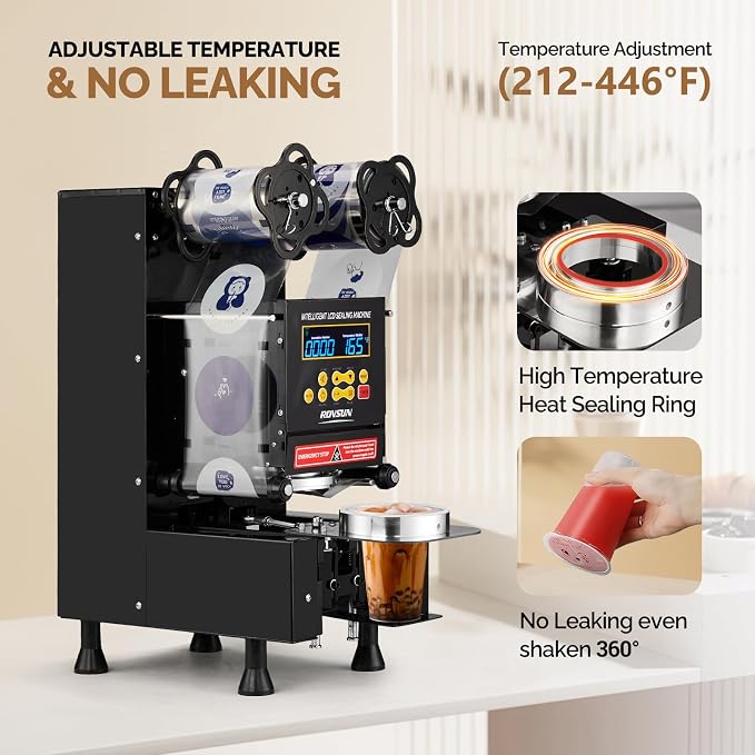 OlymStore Cup Sealing Machine, Cup Sealer Machine Full Automatic, Electric Cup Sealing Machine 500-600 Cups/H, Bubble Tea Machine with Digital Control LCD Panel for Bubble Milk Tea Coffee Black