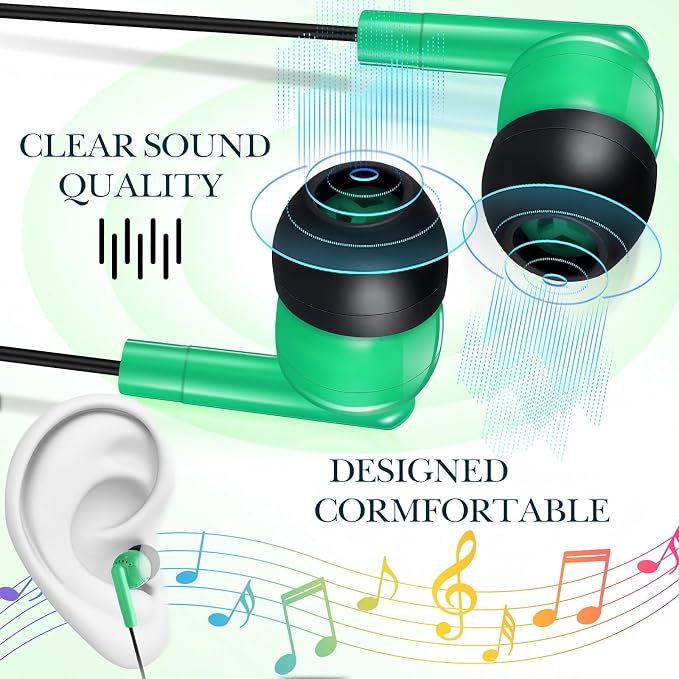 Kanayu 100 Pack Wired Earbuds Bulk for Classroom Ear Headphones Wired Basic Student Earbuds No Microphone with 3.5MM Jack for Class Laptop School Library, Individually Bagged (Green)