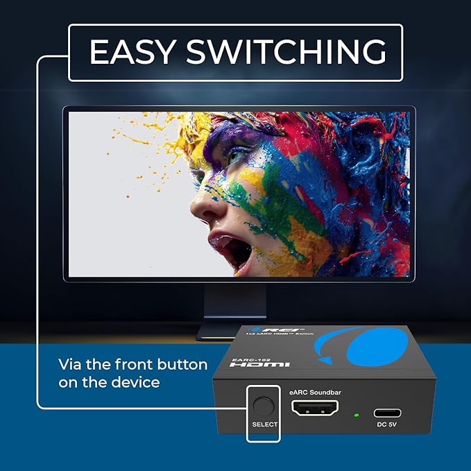 OREI eARC/ARC HDMI 2x1 Audio Switch – Connect One Soundbar/AV Receiver to Two eARC TVs, Supports Dolby Atmos, DTS:X, TrueHD, 32-Channel Audio, Auto/Manual Switching, Heavy-Duty Metal Housing
