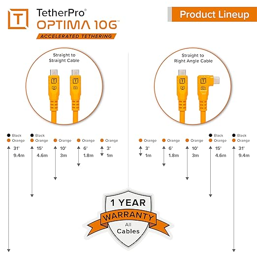 Tether Tools TetherPro Optima 10G USB-C Exclusive Data Transfer, 6’ (1.8m) Straight to Right Angle Cable - Orange