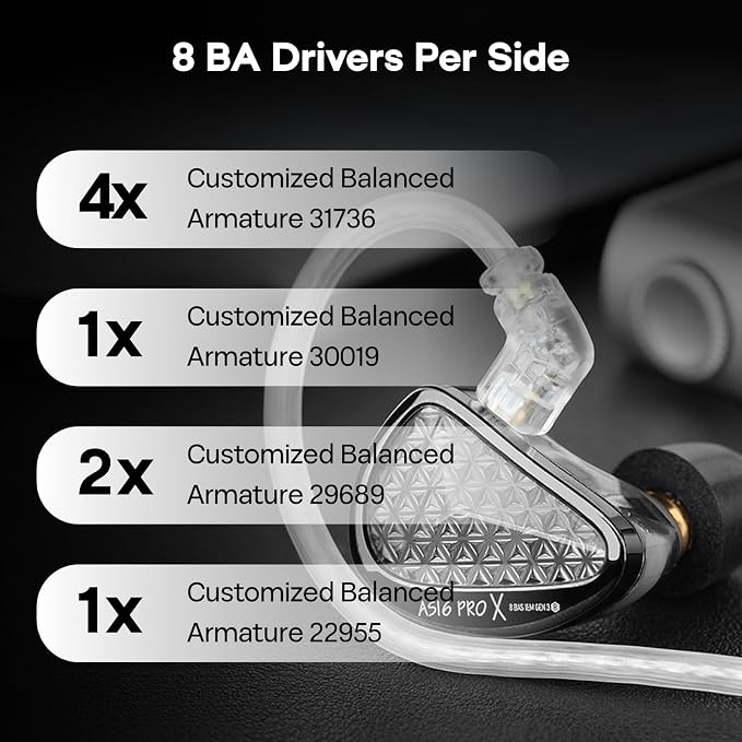 KZ AS16 PRO X in Ear Monitor, 16BA HiFi Wired Earbuds, Professional IEM Earphones with Precision Electronic Crossover, Sparkling Diamond-Like Design for Musician Audiophiles (No Mic)