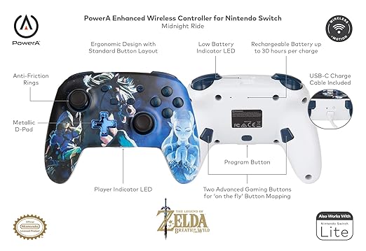 PowerA Enhanced Wireless Controller for Nintendo Switch/Switch 2 / Switch Lite/OLED Model - Legend of Zelda, Midnight Ride - Gamepad, game controller, Officially Licensed