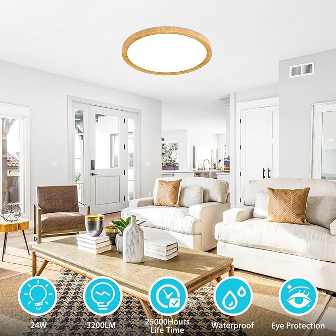 libtit 12Inch 28W Wood LED Flush Mount Ceiling Light, 3200lm Brightness, Adjustable 3000K-6500K Color Temp | Round Lamp for Bathroom/Shower/Hallway/Kitchen, 1 Pack
