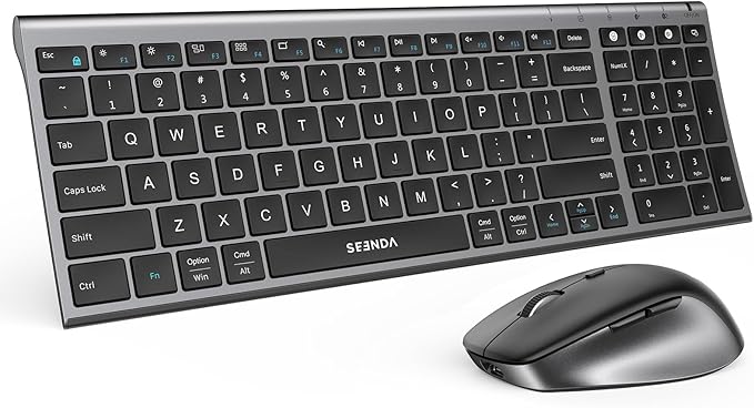 seenda Wireless Bluetooth Keyboard Mouse Combo, COE401 Rechargeable Silent Keyboard Mouse Compact Slim, 3 Multi-Device Connection, Compatible for Windows/Mac PC Laptop MacBook iPad, Black Gray